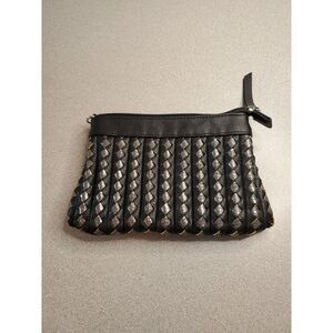 Big Buddha Womens Purse Clutch Bag Black & Silver Woven Faux Leather Zip Pockets
